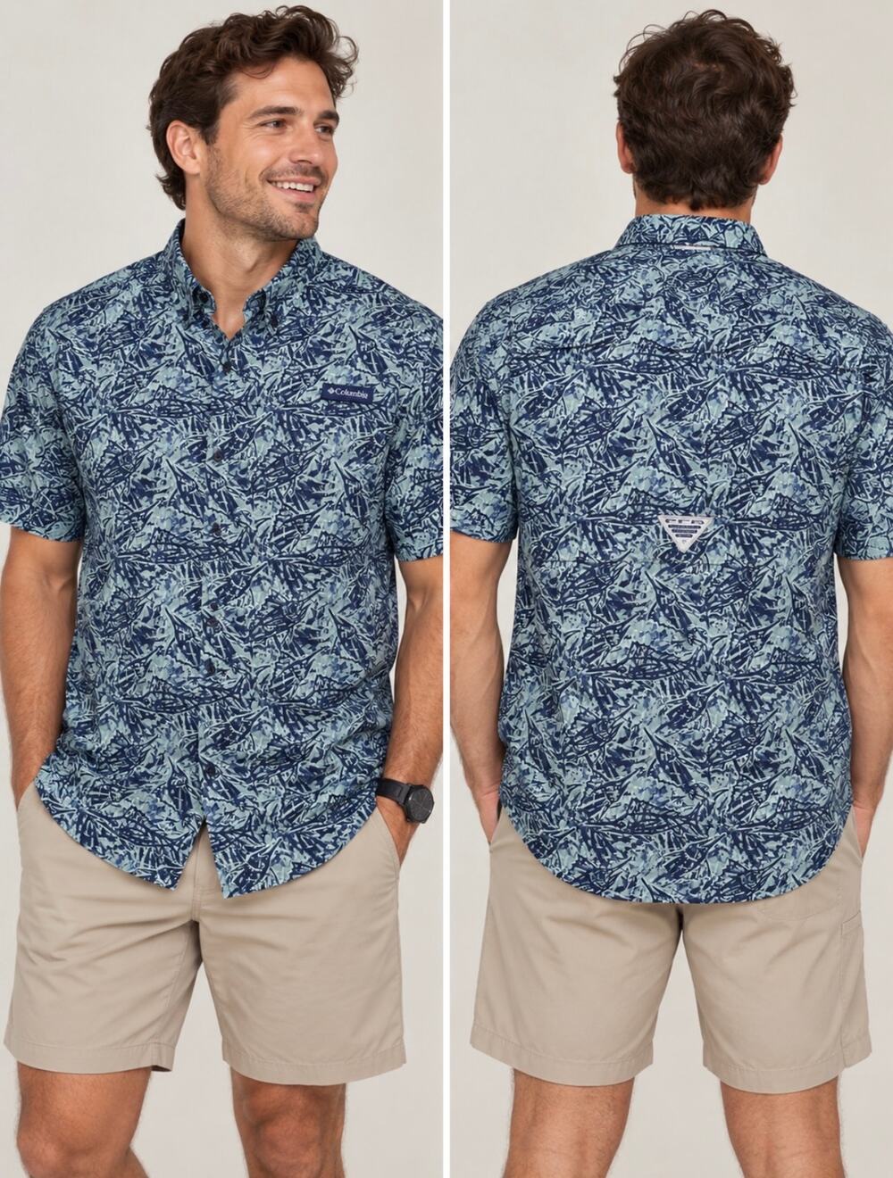 Columbia Super Tamiami Men’s Small PFG Fishing Shirt Blue Camo Tropical NWT